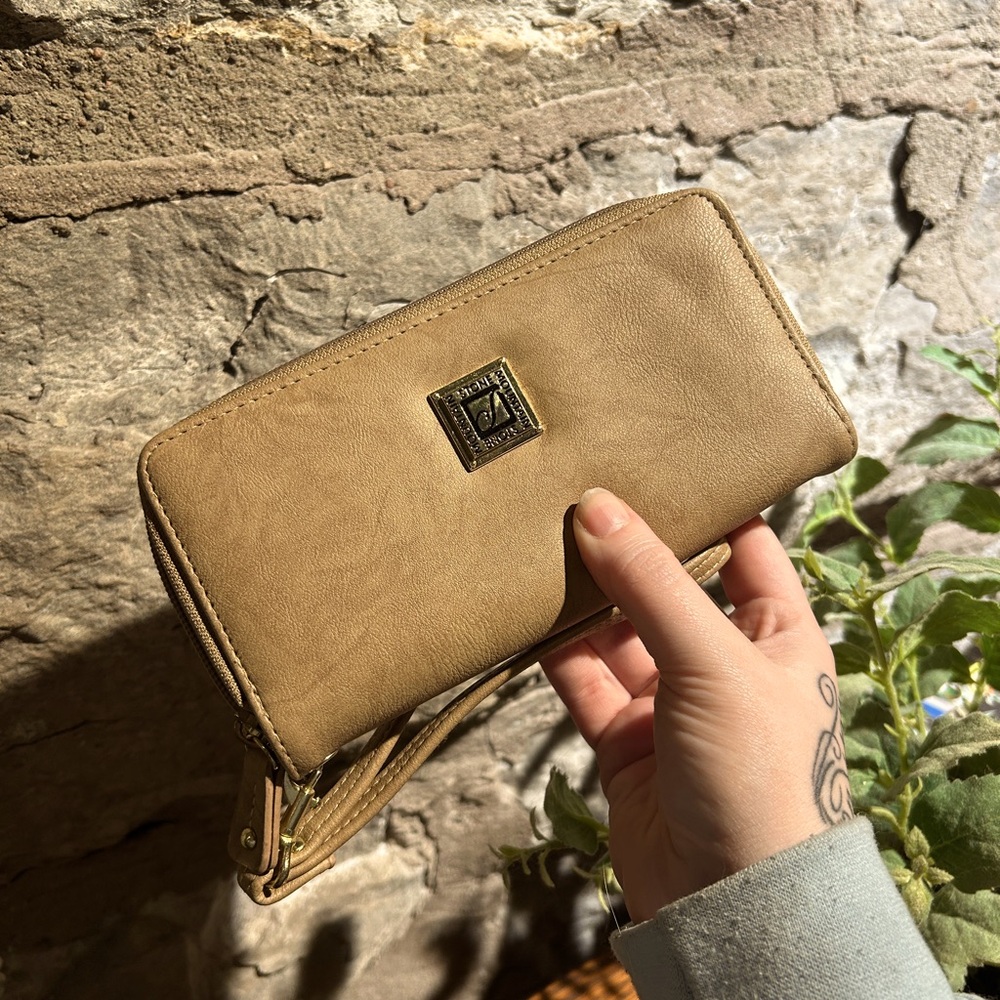 Cream Stone Mountain Wallet With Wrist Strap, Gold Hardware